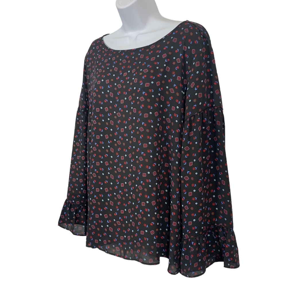 LOFT Sheer Floral Ruffle Bell Sleeve Blouse Sz L